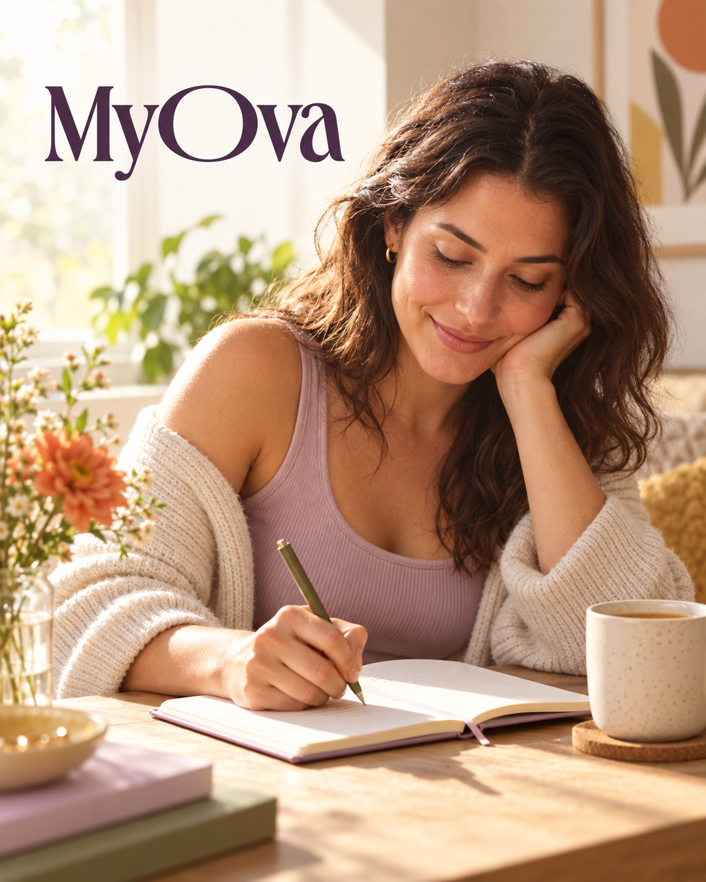Woman journaling by a sunny window while tracking her menstrual cycle and hormonal health symptoms