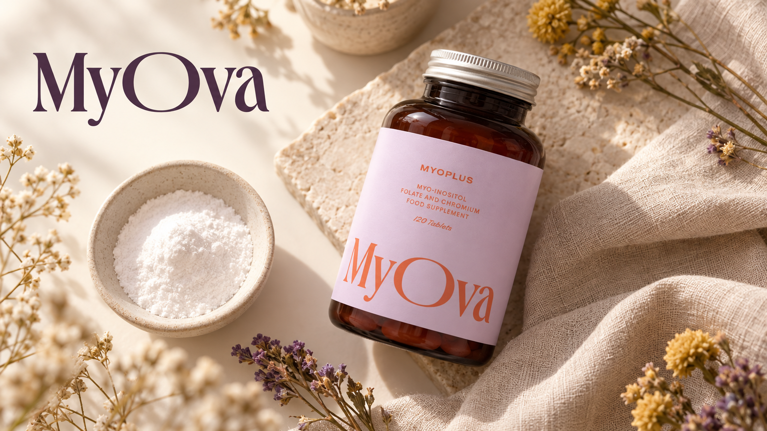 Flat lay of MyOva Myoplus myo-inositol supplement with dried botanicals, representing natural hormonal health support